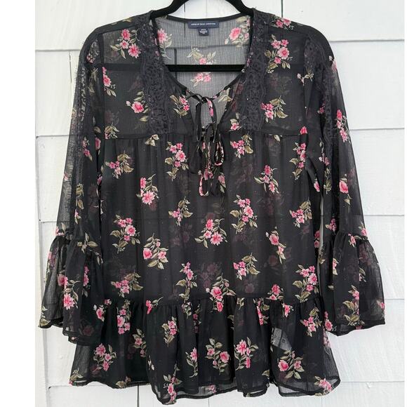 American Eagle Womens S Sheer Flowy Floral Blouse Fairy Grunge Whimsigoth Sultry - Picture 1 of 10